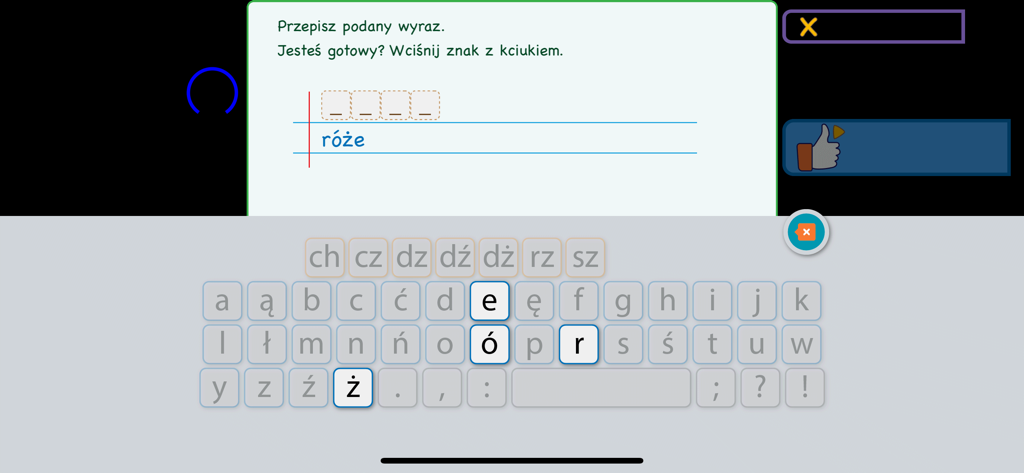 Polskie Ortogramy 2 - A Polish language app screen showing a writing exercise with a specialized keyboard