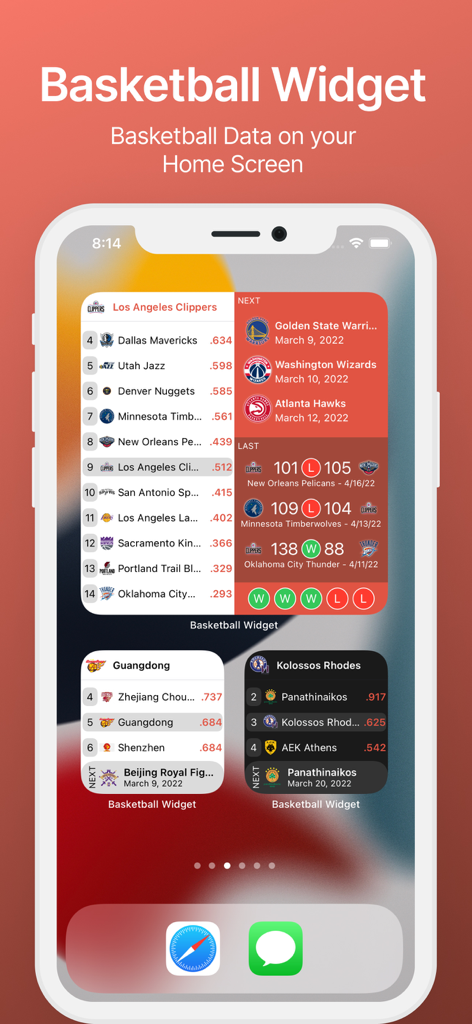 Standings - Basketball Widget - iPhone home screen displaying different sizes and colors of basketball standings widgets