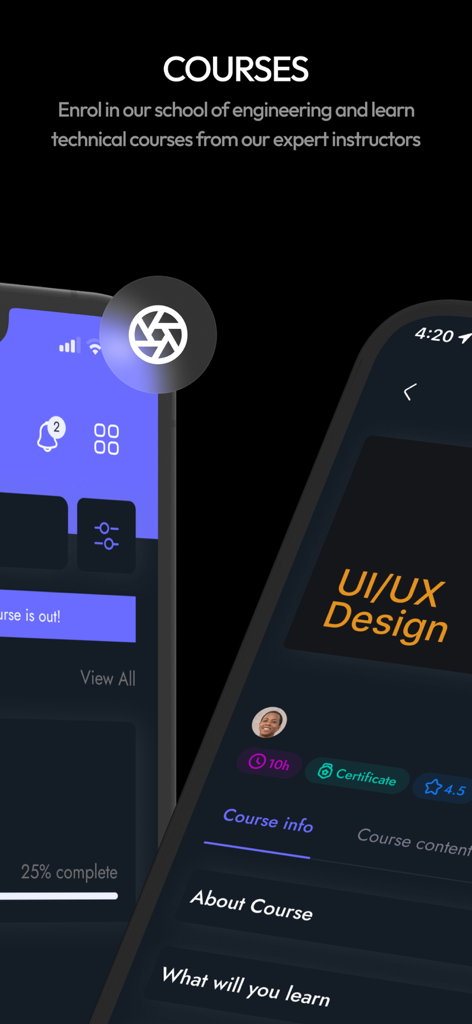 aptLearn - aptLearn mobile app interface displaying a UI/UX design course with learning progress and certificate details