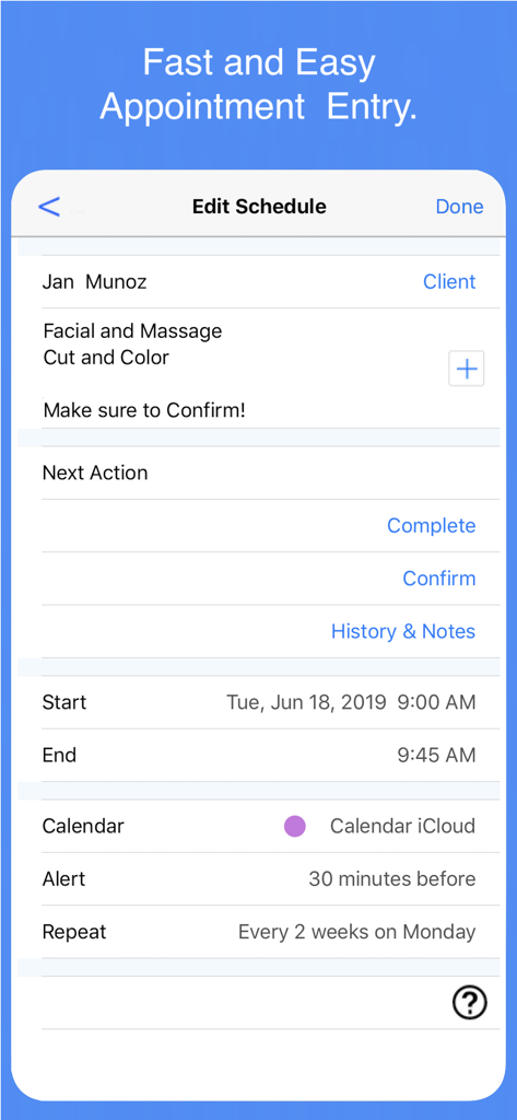 Hair Stylist Pro app screen for fast and easy appointment entry and scheduling.