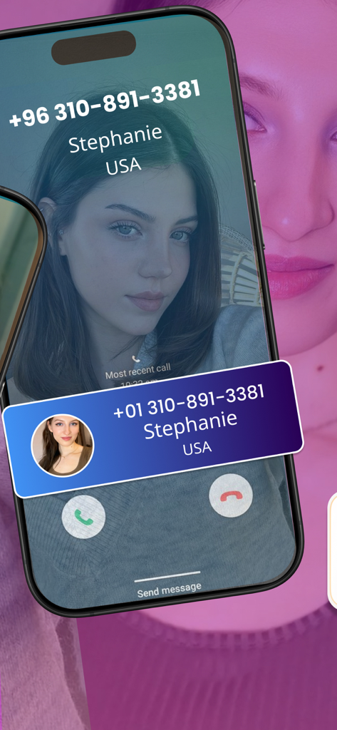 Connect Pro CaIler - Incoming call interface of Connect Pro Caller app showing contact details for Stephanie in the USA with a modern design