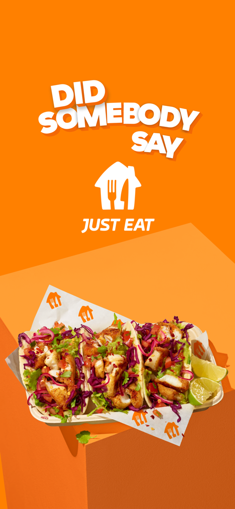 Just Eat App Werbebildschirm mit frischen Tacos und dem Slogan Haben Sie Just Eat gesagt
