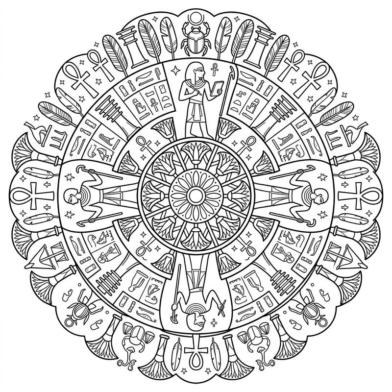 Embark on a captivating journey to ancient Egypt with this beautifully crafted Vizier Mandala coloring page, specifically designed for seniors. Its symmetrical patterns and clear, bold outlines offer a relaxing and engaging artistic experience.