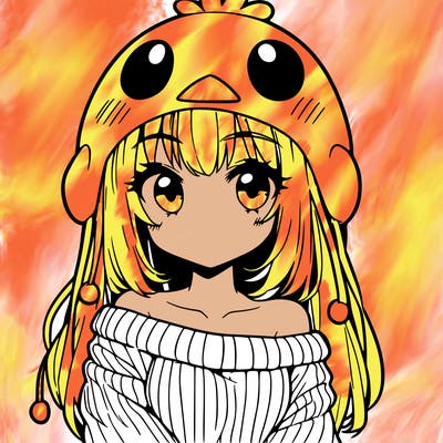 anime girl with chick shaped hat with sweater with bare shoulders with bangs covering them one eye with low tail