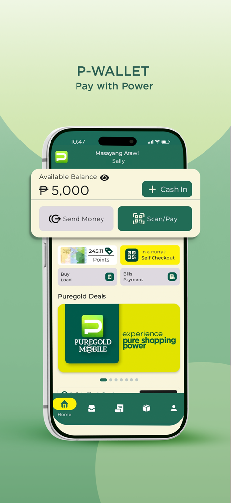 Puregold Mobile - Puregold Mobile app P-Wallet screen showing available balance and payment options like Send Money and Scan Pay
