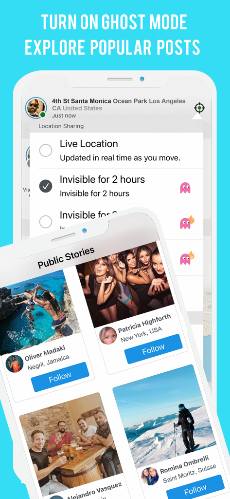 Locate & Track Phone By Number - Interfaccia dell'app mobile che mostra le impostazioni di privacy della posizione per la modalità fantasma e un feed social di storie pubbliche da utenti in tutto il mondo