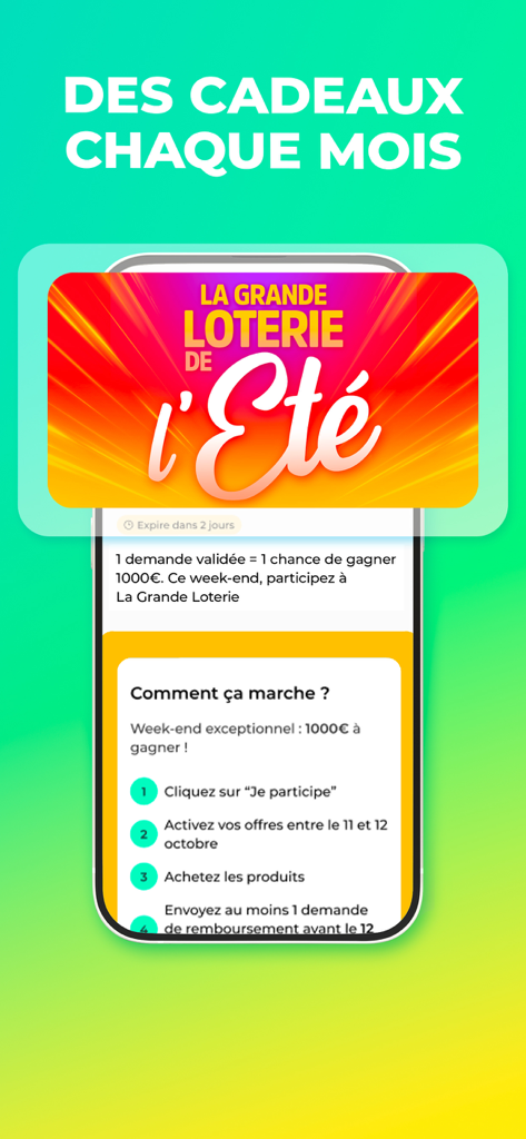 Coupon Network mobile app screen showing a monthly gifts feature and a summer lottery challenge for winning cash prizes.