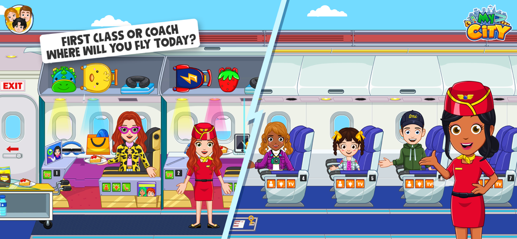 My City: Airport Adventure - マイシティ空港アドベンチャーの飛行機の客室と普通席のセクションでごっこ遊びをするキャラクターたち。