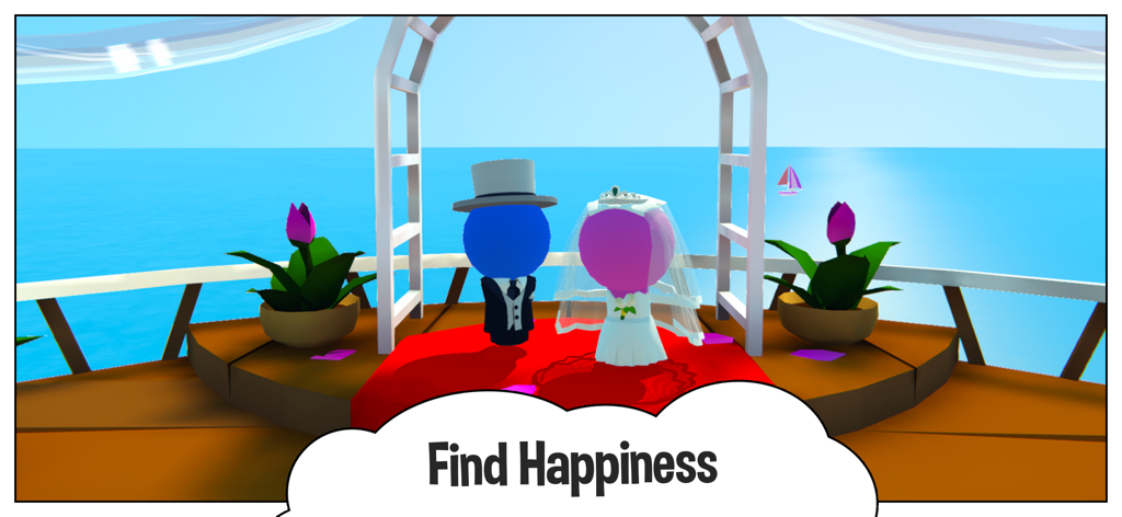 Uma cerimônia de casamento em The Game of Life 2 com dois personagens peão sob um arco com vista para o mar.