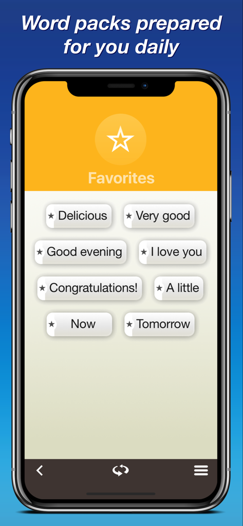 American English by Nemo - Smartphone screen showing daily word packs and favorite common phrases in the American English by Nemo app