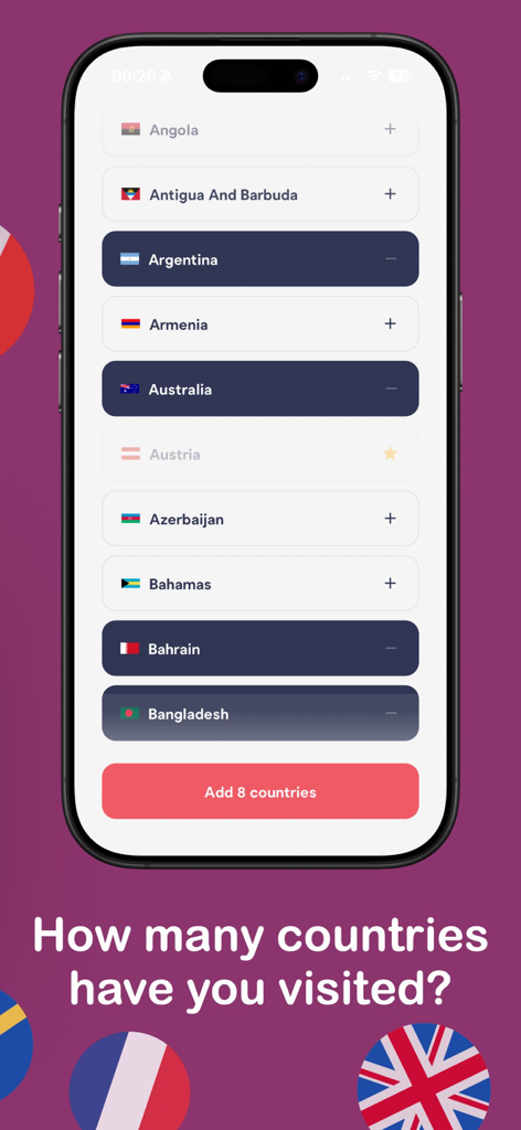 Balloon Been: Visited Map - Una lista de países en la aplicación Balloon Been para rastrear destinos de viaje visitados.