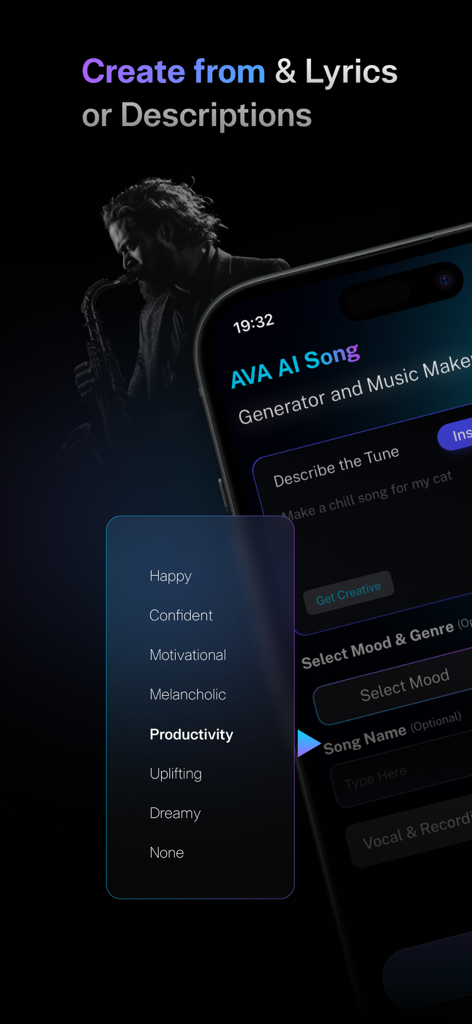AI Song Generator Music - Interfaz de la aplicación AI Song Generator mostrando opciones de estado de ánimo para la creación de música