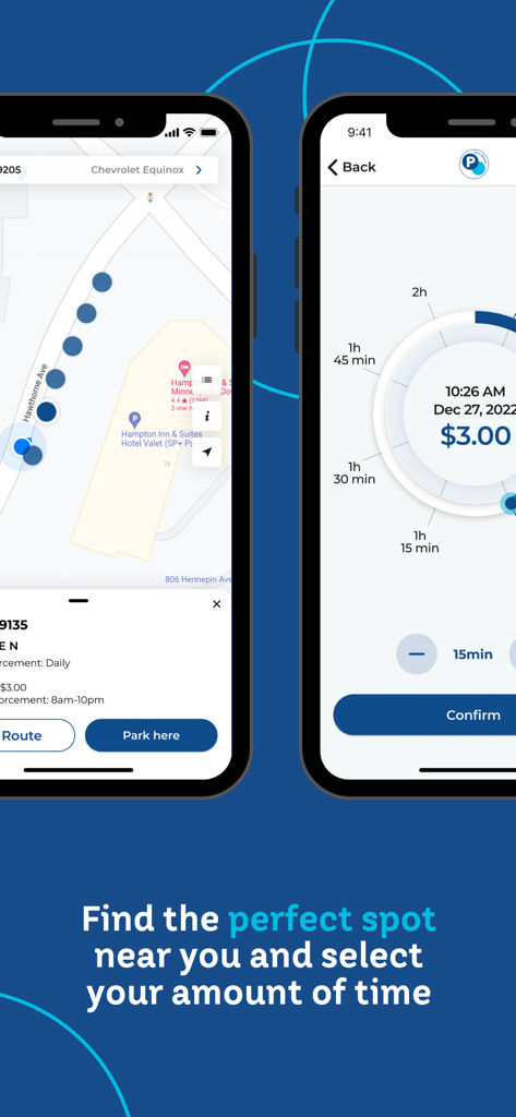 MPLS Parking - MPLS Parking app screens showing map location search and time selection dial.