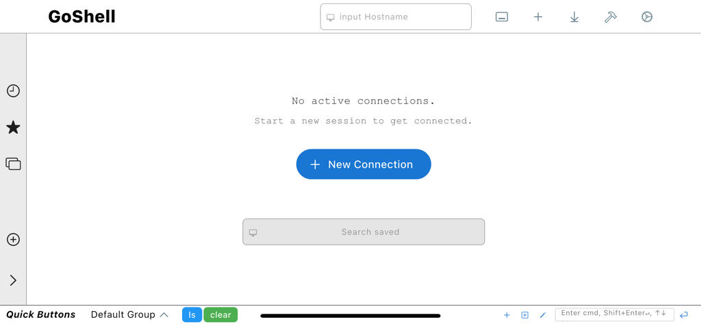 GoShell - GoShell app interface showing the empty state dashboard with a New Connection button and minimalist sidebar on an iPad layout.