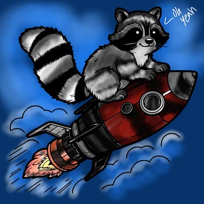 realistic raccoon flying on top rocket ship
