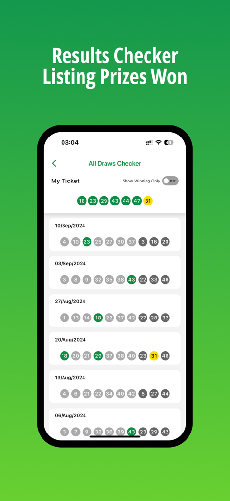 OZ Lotto - OZロトアプリの結果チェッカー画面に、当選番号と過去の抽選結果が表示されています