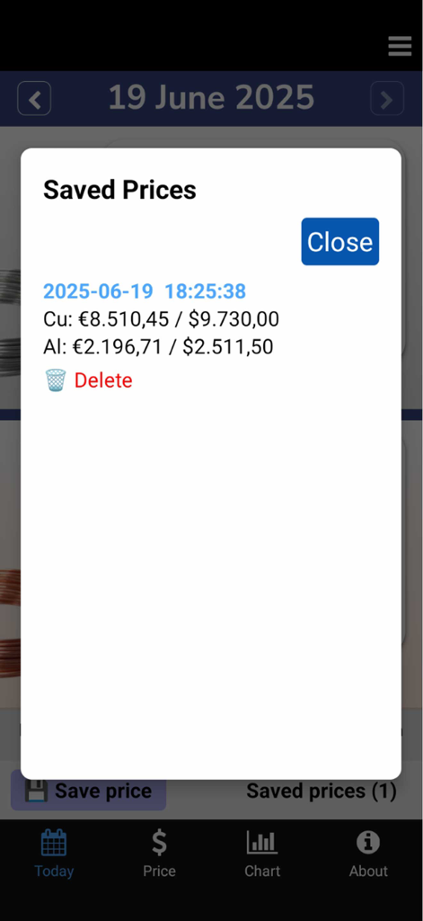 EUR 및 USD 통화로 된 구리 및 알루미늄 저장 가격 목록을 표시하는 모바일 인터페이스