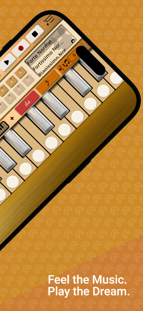 Interfaz de la aplicación Trumpet Sim con teclas plateadas y controles de grabación