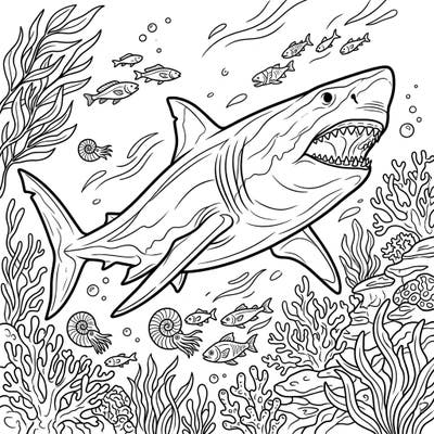 This exciting coloring page features a magnificent Megalodon, the king of ancient oceans, swimming amidst vibrant marine life. Perfect for young explorers, it offers a thrilling glimpse into prehistoric times and encourages creative expression.