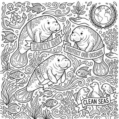 Celebrate Earth Day with this intricate coloring page featuring adorable manatees advocating for ocean protection. Engage with a powerful message about environmental conservation as you bring this vibrant underwater world to life.