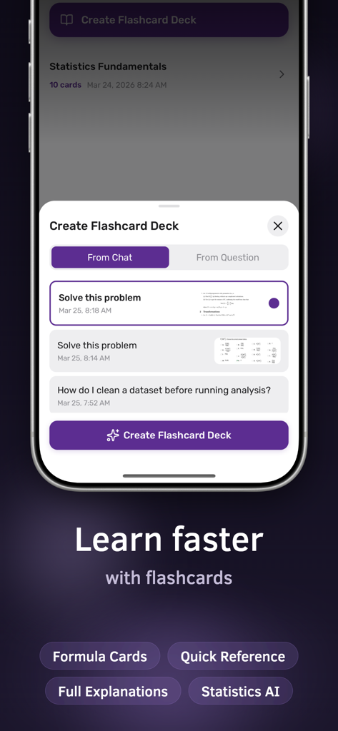 Statistics Problem Solver AI - User interface of the Statistics Problem Solver AI app showing the create flashcard deck feature for personalized study.