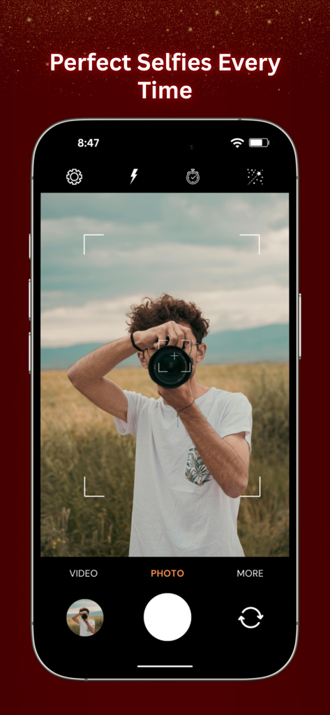 HD Camera Pro Selfie Camera - Pantalla de captura de la aplicación Cámara Selfie HD Pro con el lema Selfies Perfectos Siempre