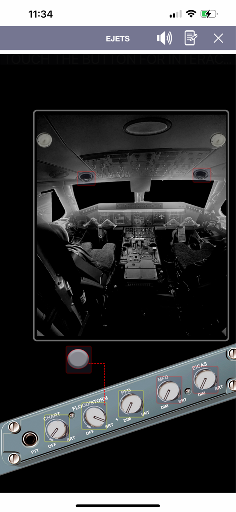 Painel de cockpit virtual interativo mostrando botões de controle detalhados para treinamento de pilotos de E-Jet.