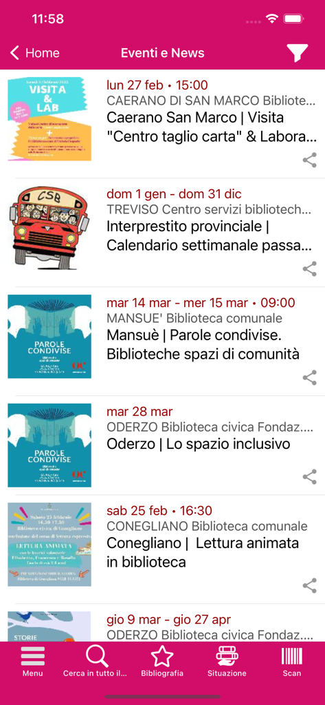 TVB - Schermata del telefono che mostra un elenco di eventi culturali e notizie dal sistema bibliotecario di Treviso, incluse date e luoghi.