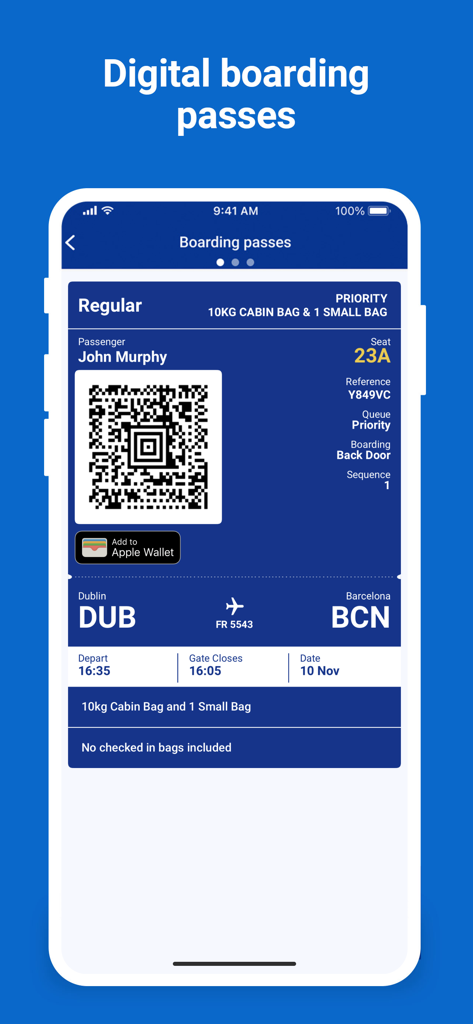 Ryanair mobile app screen displaying a digital boarding pass with flight info and a QR code