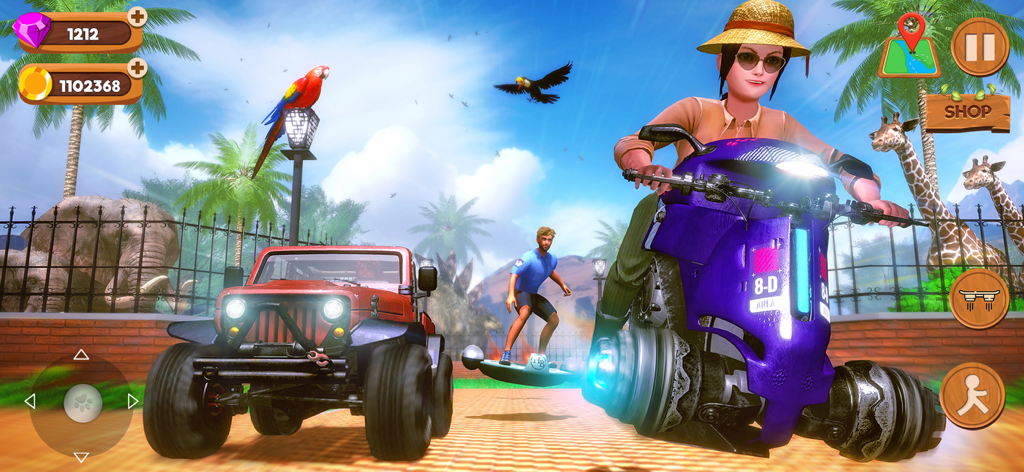 Zoo Keeper Simulator Tycoon 3D - A 3D gameplay scene featuring a zookeeper on a hoverbike and a red jeep near giraffes and elephants