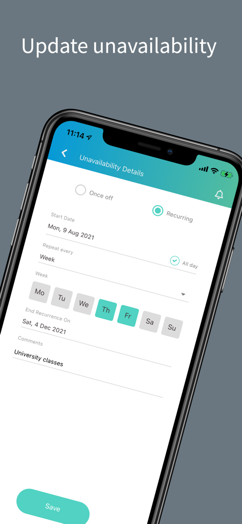 EmpLive mobile app interface for setting recurring work unavailability