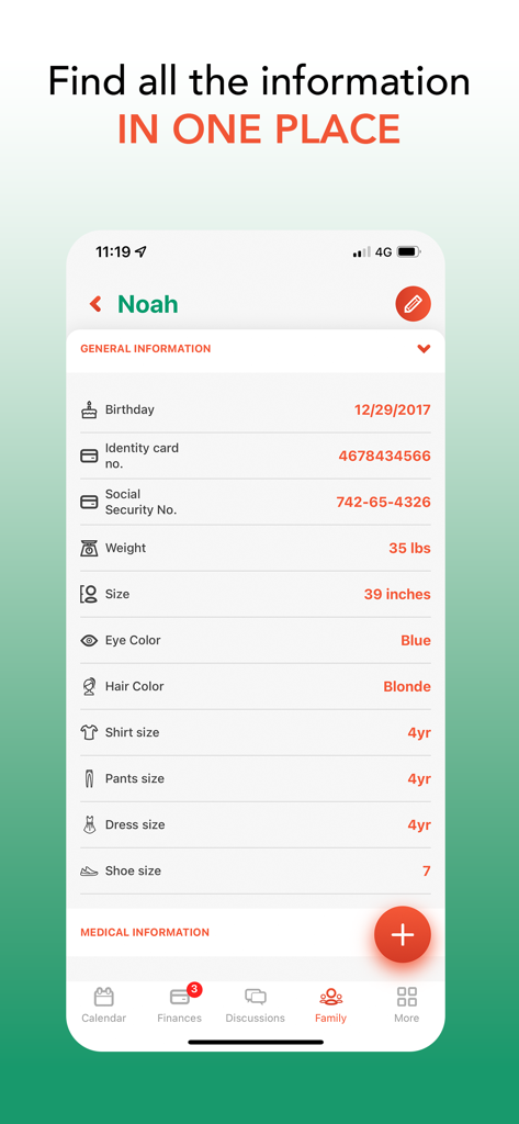 2houses: Better Co-parenting - Schermata dello smartphone che mostra la funzione Banca Informazioni dell'app 2houses con i dettagli personali e le taglie dei vestiti di un bambino.