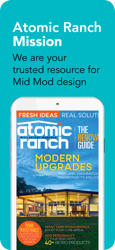 La aplicación Atomic Ranch muestra una portada de revista para la renovación y mejoras de diseño de casas modernas de mediados de siglo.