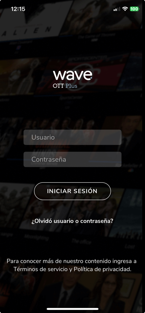 WAVE - Écran de connexion de l'application de streaming WAVE OTT Plus avec des champs pour le nom d'utilisateur et le mot de passe en espagnol