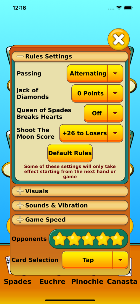 Um menu mostrando regras personalizáveis para o jogo de cartas Copas, incluindo opções de pontuação e passagem