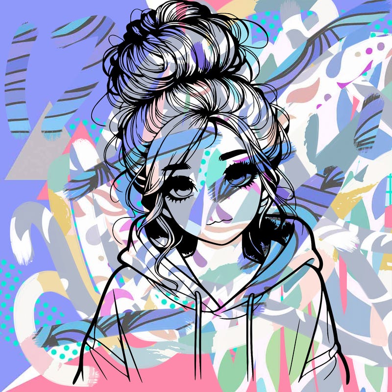 realistic girl with a massy bun and a hoodie
