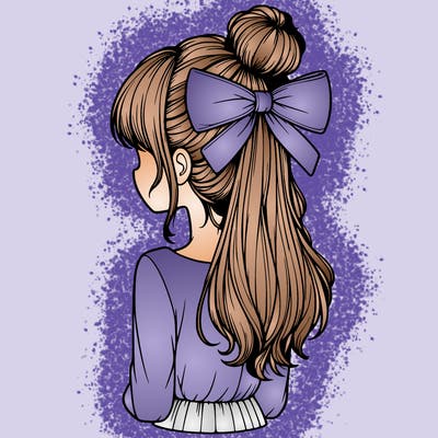 realistic girl  with hip length hair a bun and a big bow on the back of head