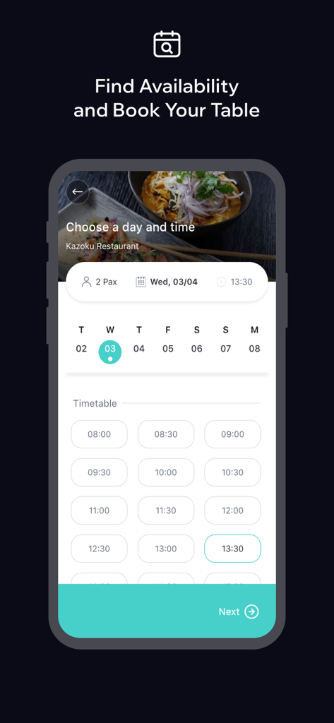 Pantalla móvil de la aplicación STAY Hotel App mostrando una interfaz de reserva de mesa en un restaurante con selección de fecha y hora