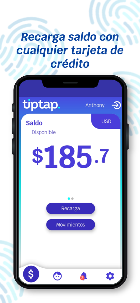 Tiptap - Smartphone screen showing Tiptap app available balance and recharge options