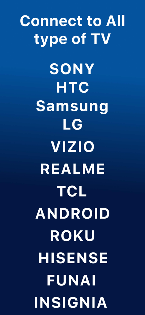Screen Mirroring &‎ TV Cast - Una lista de marcas de TV compatibles para duplicación de pantalla, incluidas Sony, Samsung, LG y Roku.