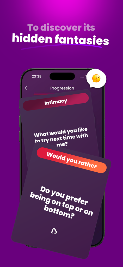 Game cards in the Bloomy app featuring intimacy and would you rather questions for couples