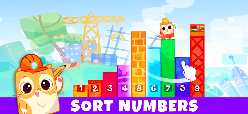 Bibi Numbers 123 - Kids Games - Colorful educational screen from Bibi Numbers 123 where kids learn to sort numbers with animated characters and building blocks