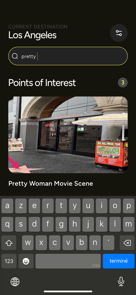 Mobile app screen searching for Pretty Woman movie locations in Los Angeles