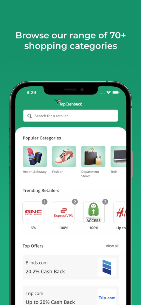 TopCashback app interface showing shopping categories and trending cashback retailers