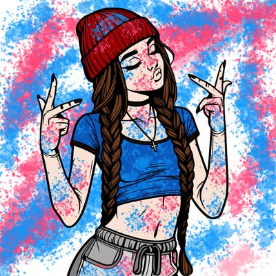 realistic teenage girl with braids and a beanie and crop top doing 🫶🏼
