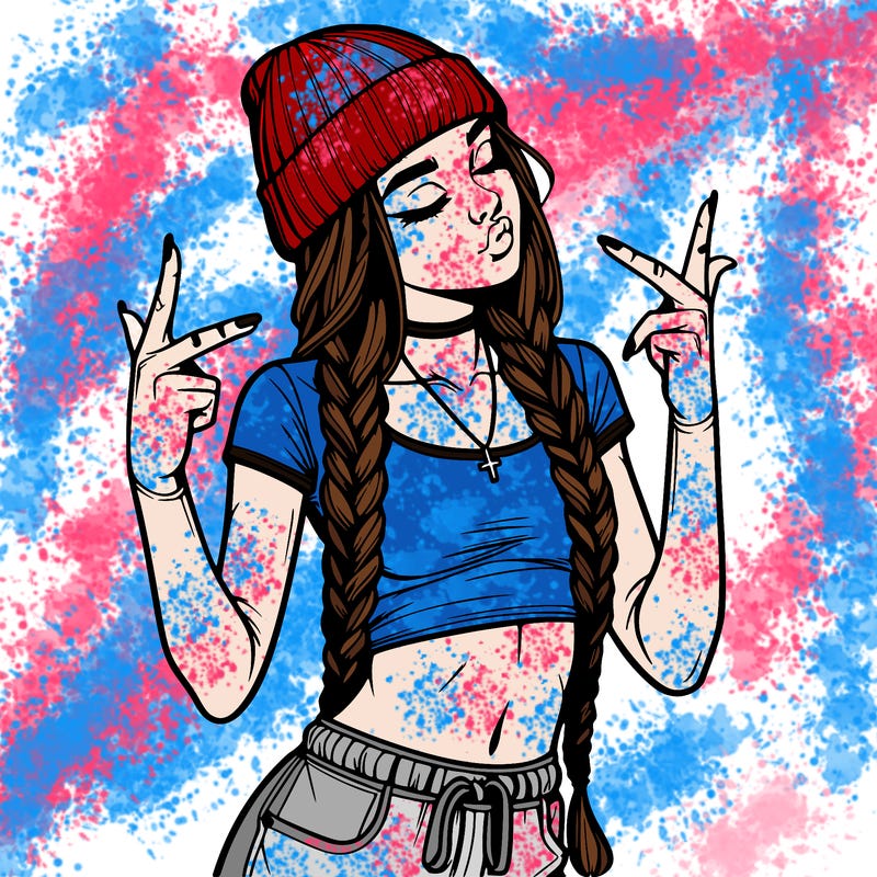 realistic teenage girl with braids and a beanie and crop top doing 🫶🏼