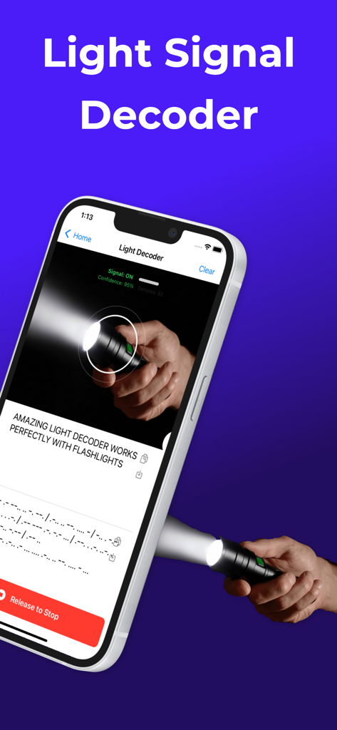 Morse Code Decoder and Encoder - カメラを使用してリアルタイムで光信号をモールス信号とテキストにデコードしているスマートフォン