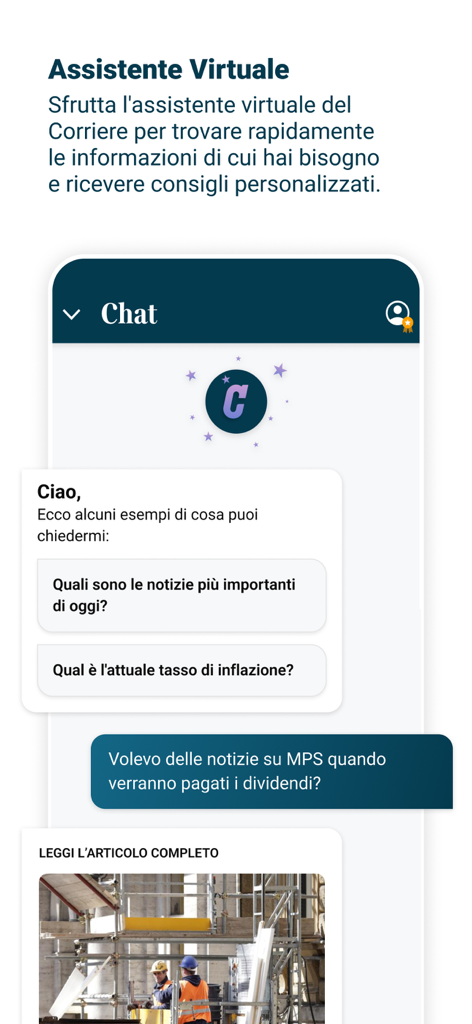 L'Economia Corriere della Sera - AI virtual assistant interface in the LEconomia Corriere della Sera app
