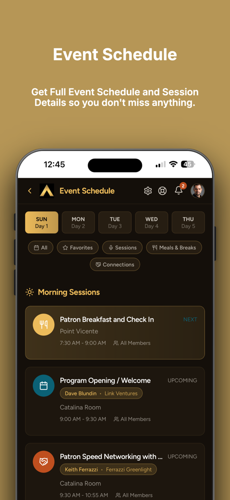 AbundanceHub - AbundanceHub app screen displaying the event schedule for the A360 Summit including morning sessions and networking activities