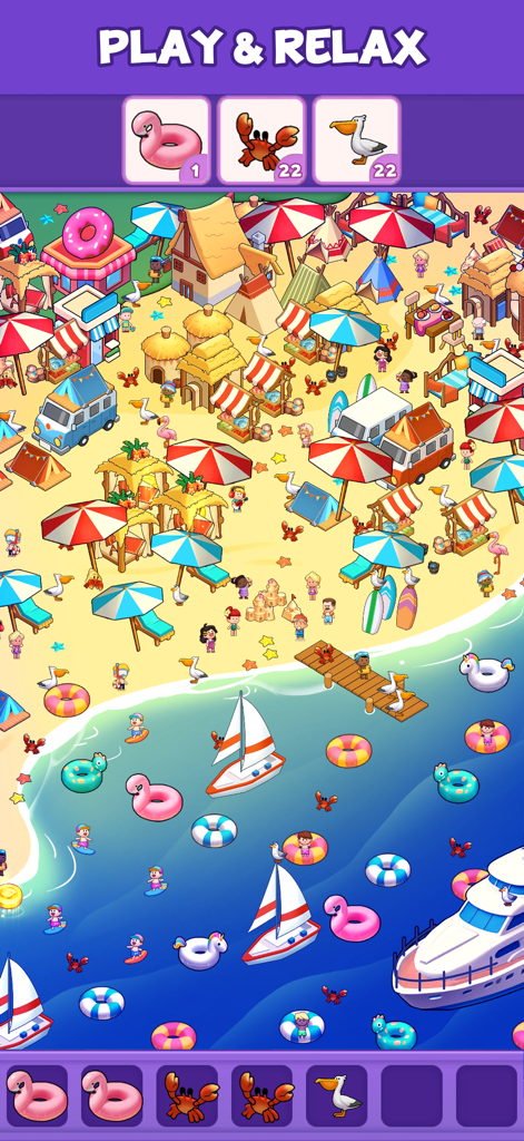 Capybara Match! - Gameplay screenshot of Capybara Match showing a colorful beach level with hidden objects to find and match.